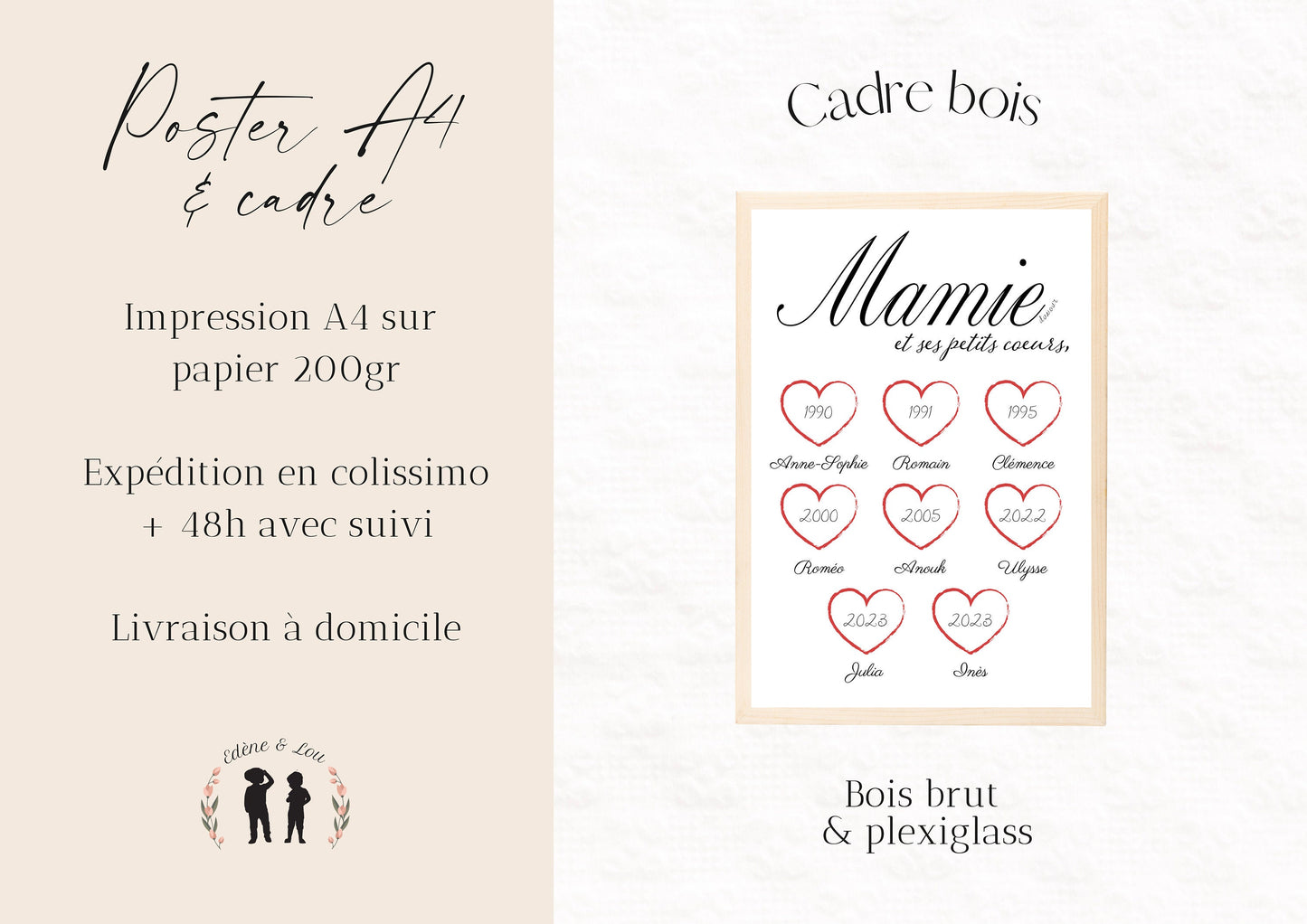 Affiche personnalisée Mamie d'amour et ses petits coeurs