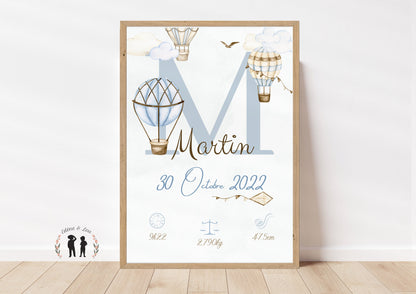 Affiche de naissance personnalisée bébé montgolfière bleue