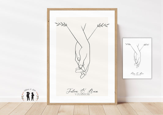 Affiche mains couple personnalisée décoration prénom & date minimaliste