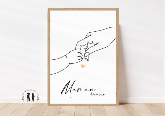 Affiche décorative minimaliste maman d'amour - maman et bébé mains LineArt