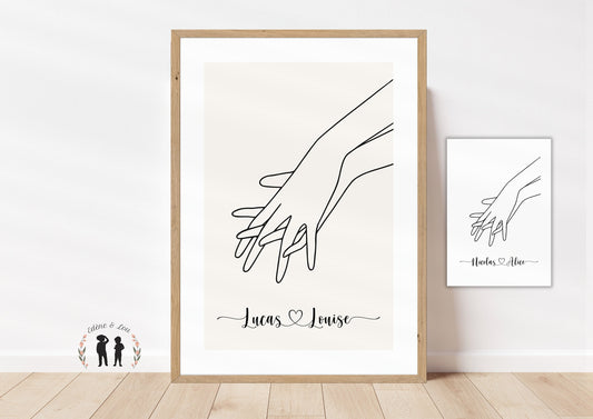 Affiche mains couple personnalisée décoration prénom, coeur minimaliste LineArt