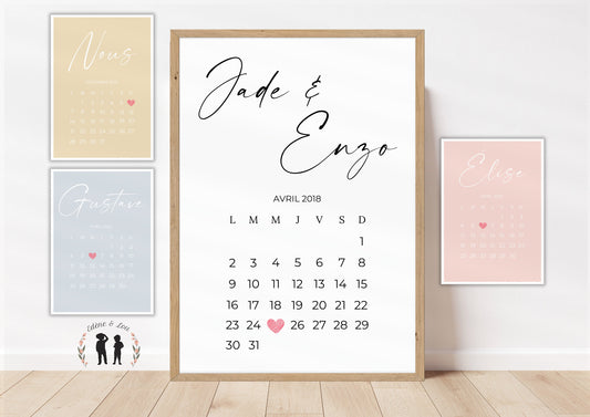 Affiche personnalisée date calendrier minimaliste- couple, enfant