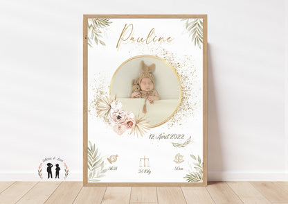 Affiche de naissance personnalisée bébé photo boho pampa