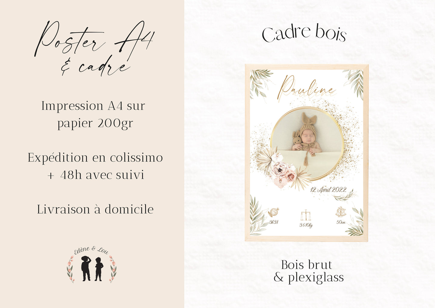 Affiche de naissance personnalisée bébé photo boho pampa