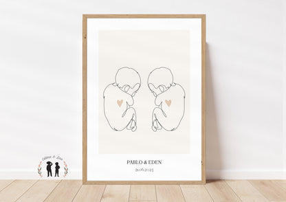 Affiche de naissance personnalisée jumeaux - bébé coeur - minimaliste LineArt