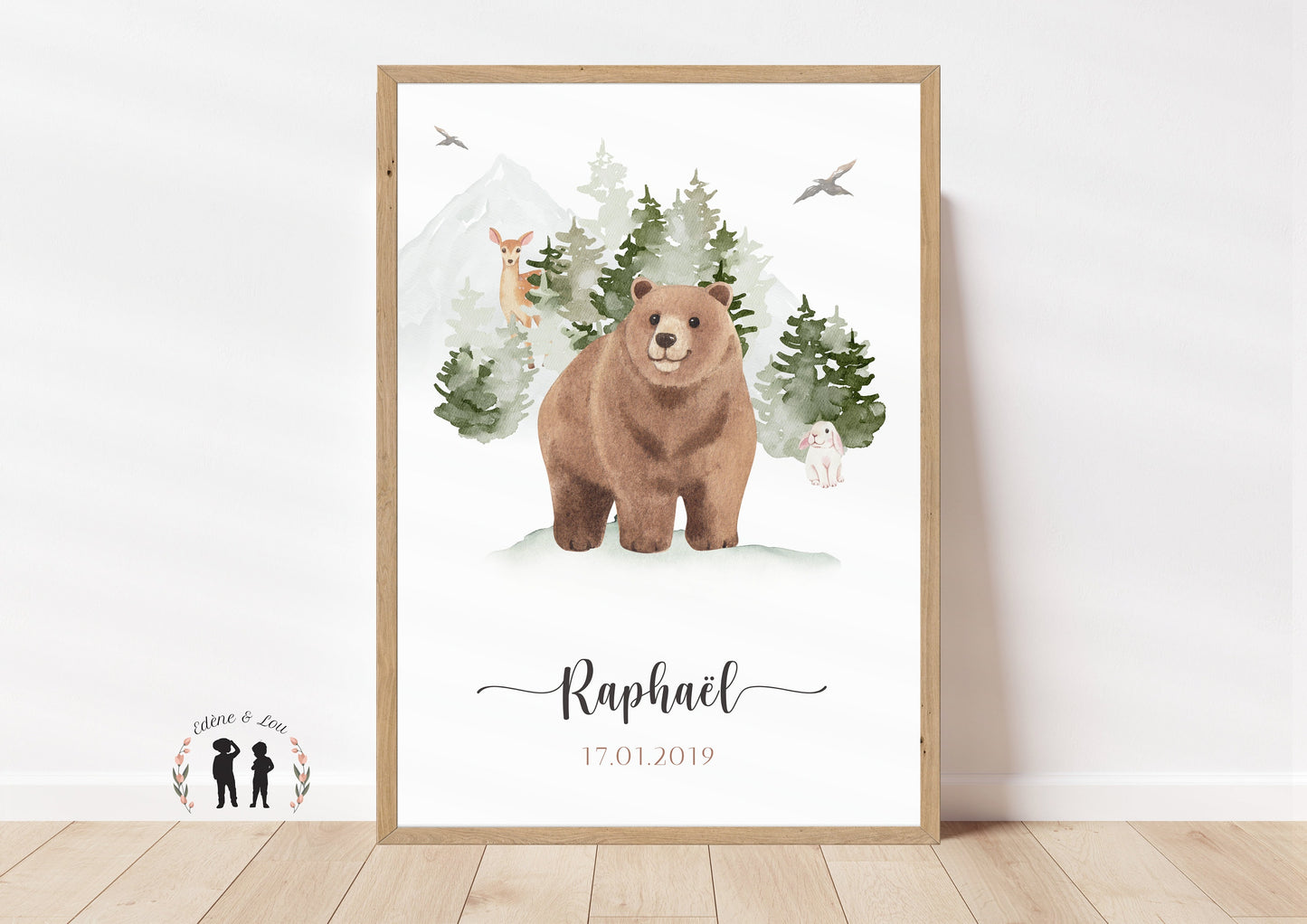 Affiche de naissance personnalisée Ours et forêt