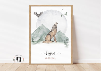 Affiche de naissance personnalisée Loup et lune