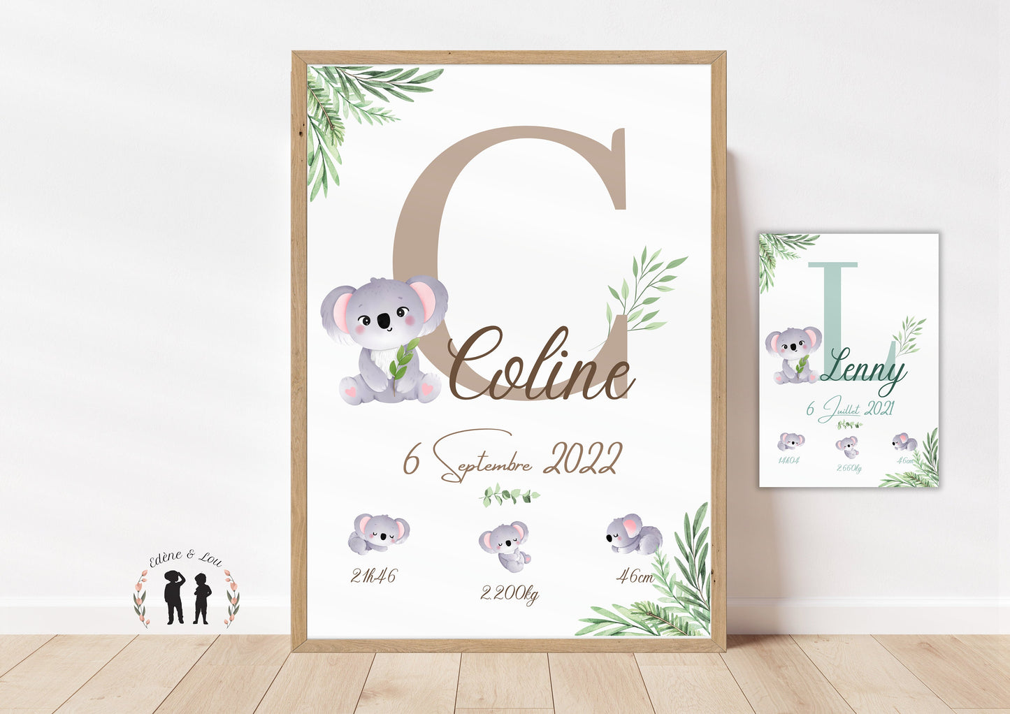 Affiche de naissance personnalisée Koala - taupe ou bleu