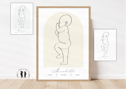 Affiche de naissance personnalisée bébé LineArt  - boho, minimaliste