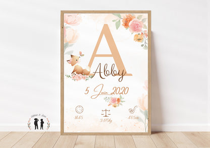 Affiche de naissance personnalisée Renard fleur