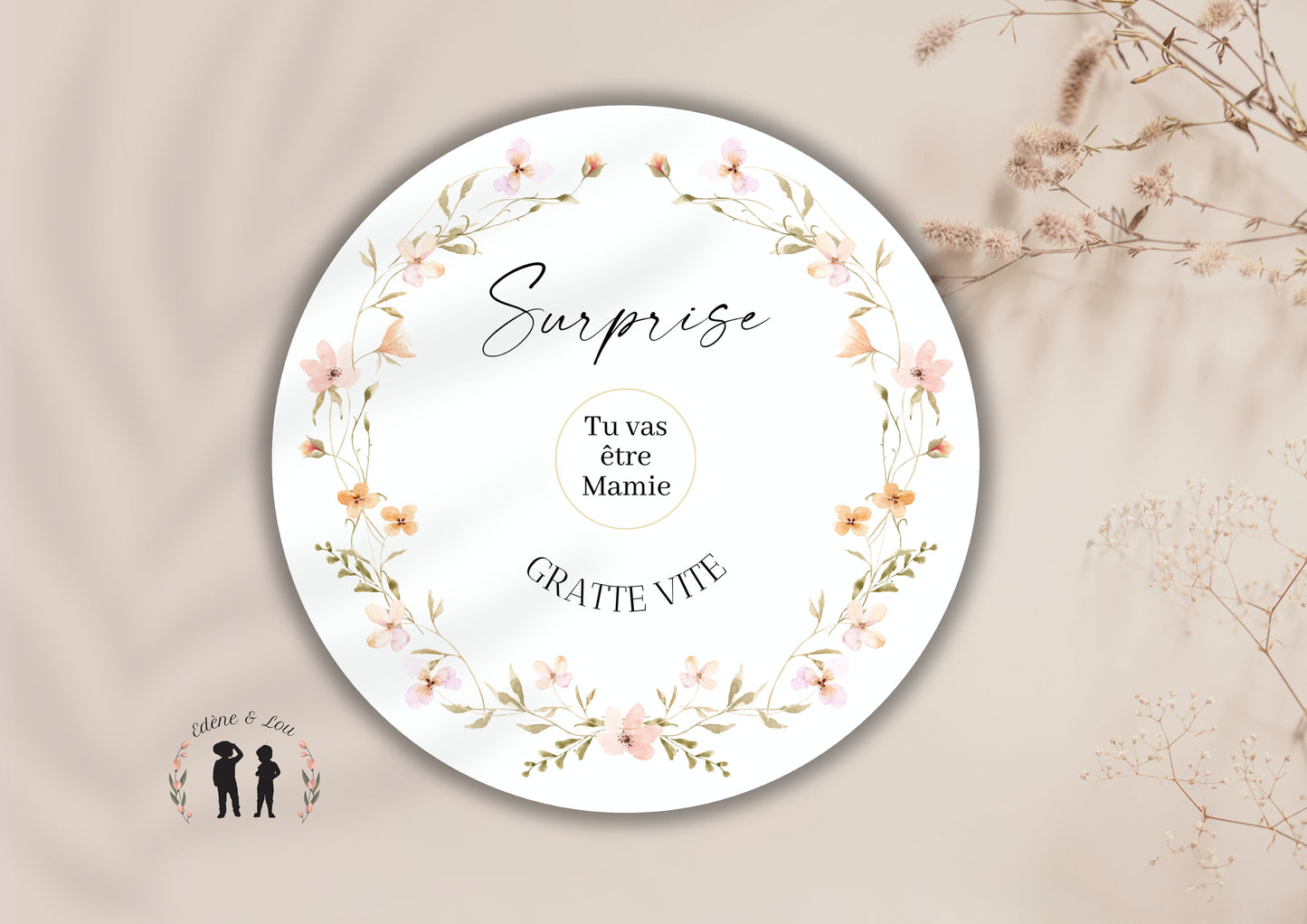 Carte à gratter annonce de grossesse ronde fleur personnalisée - mamie, tatie, tata, tonton, papi, marraine, parrain