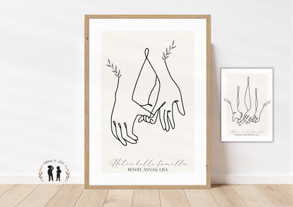 Affiche mains famille couple personnalisée - famille parents bébé enfant prénom minimaliste