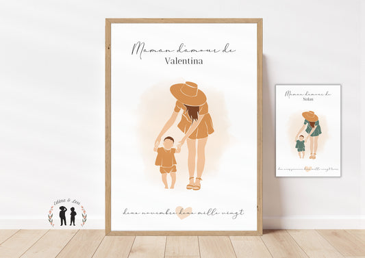 Affiche maman et bébé personnalisée - prénom coeur & date - maman enfant