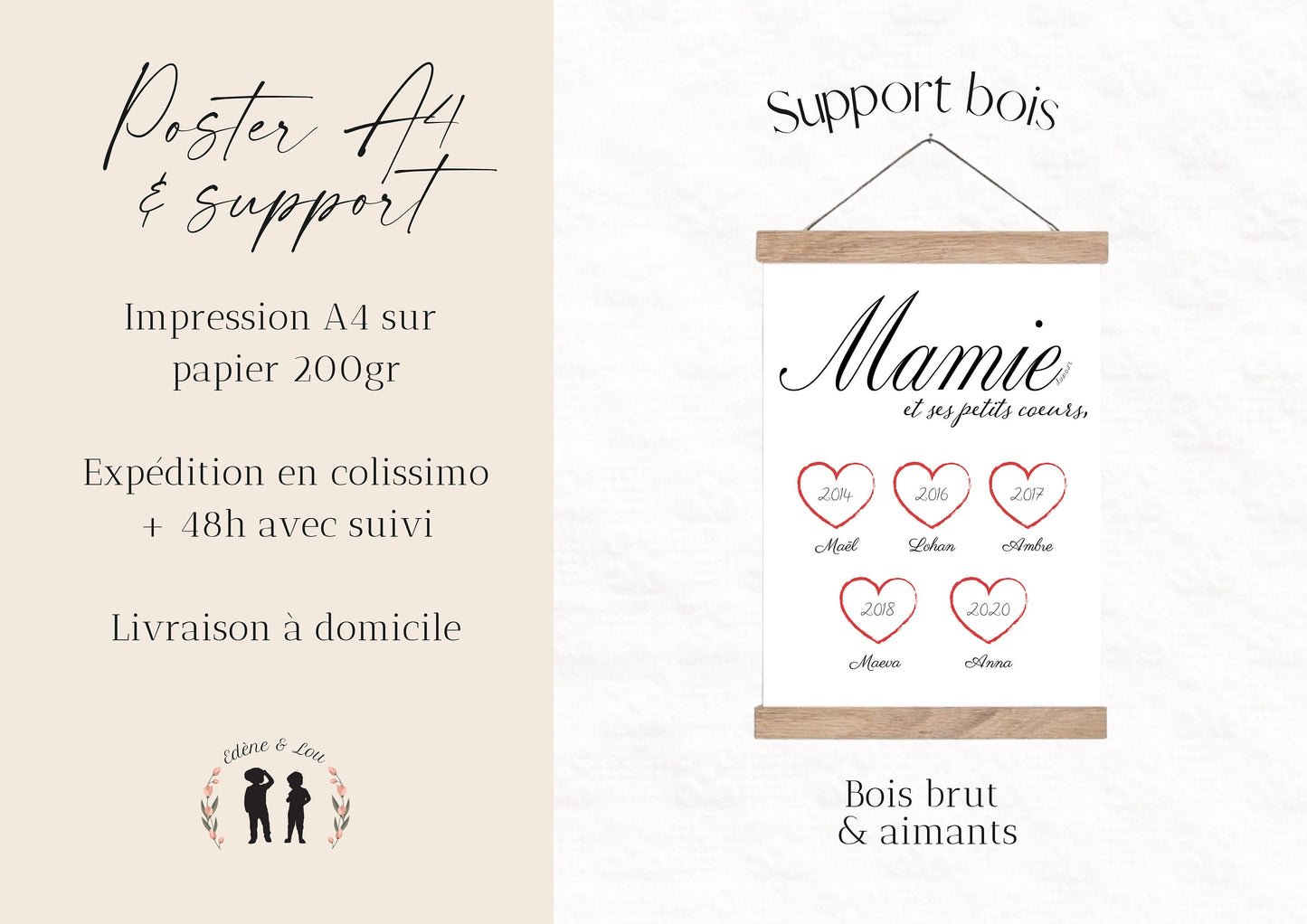 Affiche personnalisée Mamie d'amour et ses petits coeurs