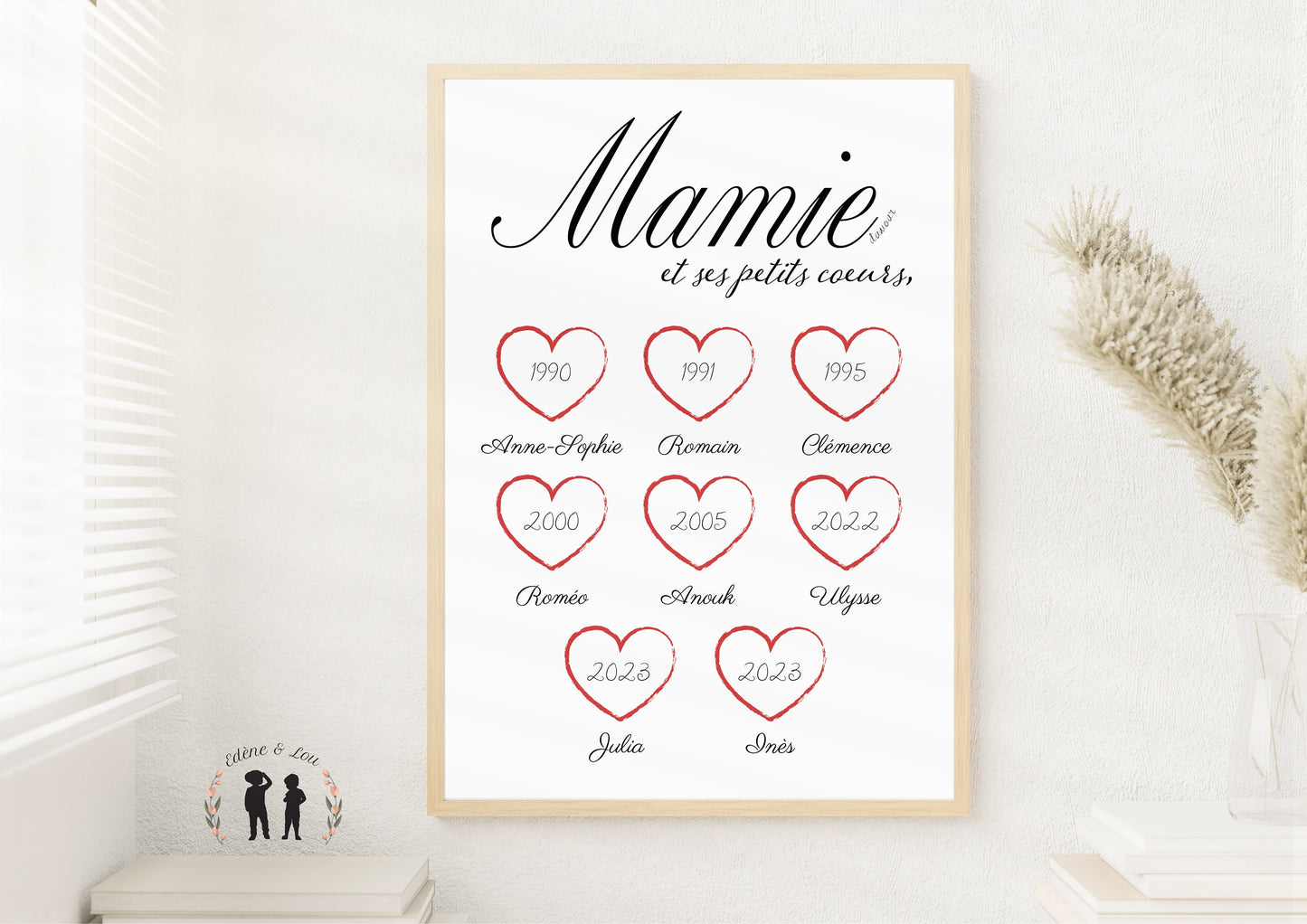 Affiche personnalisée Mamie d'amour et ses petits coeurs