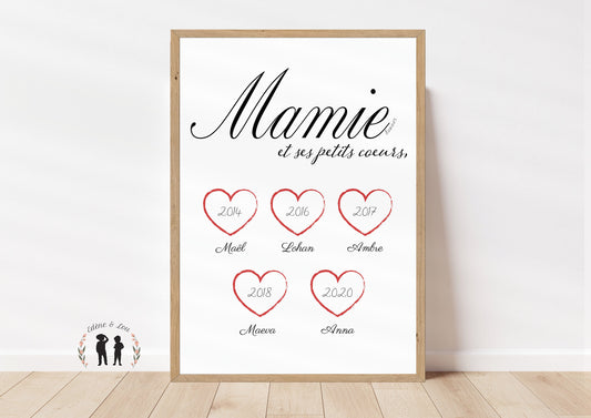 Affiche personnalisée Mamie d'amour et ses petits coeurs