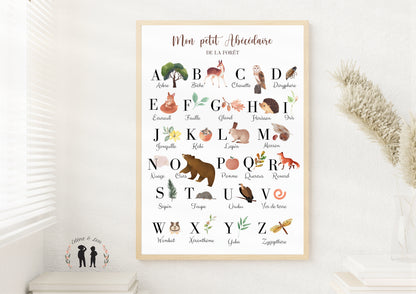 Affiche abécédaire de la forêt - alphabet enfant et bébé - animaux, insectes, plantes