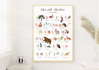 Affiche abécédaire de la forêt - alphabet enfant et bébé - animaux, insectes, plantes