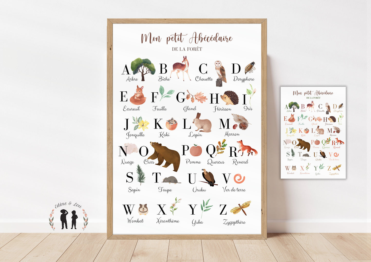 Affiche abécédaire de la forêt - alphabet enfant et bébé - animaux, insectes, plantes