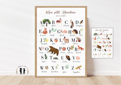 Affiche abécédaire de la forêt - alphabet enfant et bébé - animaux, insectes, plantes