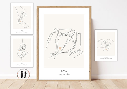 Affiche de naissance personnalisée ligne - bébé, mains, amour - minimaliste LineArt