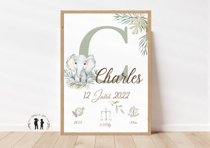 Affiche de naissance personnalisée Éléphant