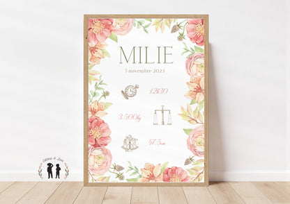 Affiche de naissance personnalisée cadre fleurs