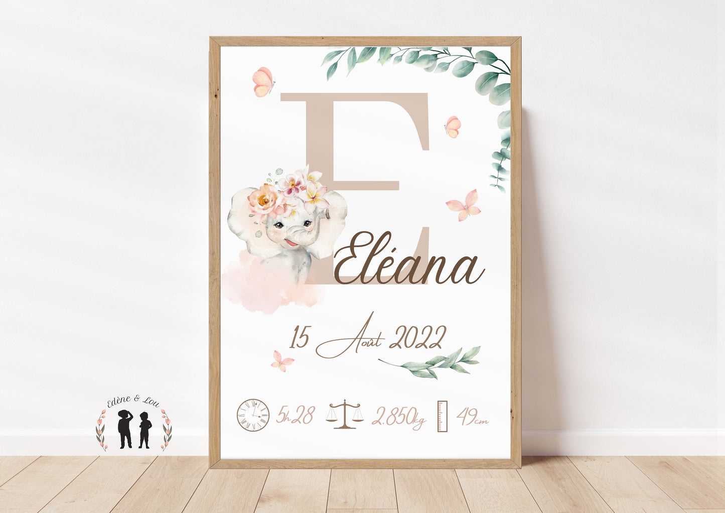 Affiche de naissance personnalisée Éléphant fleurs et papillons